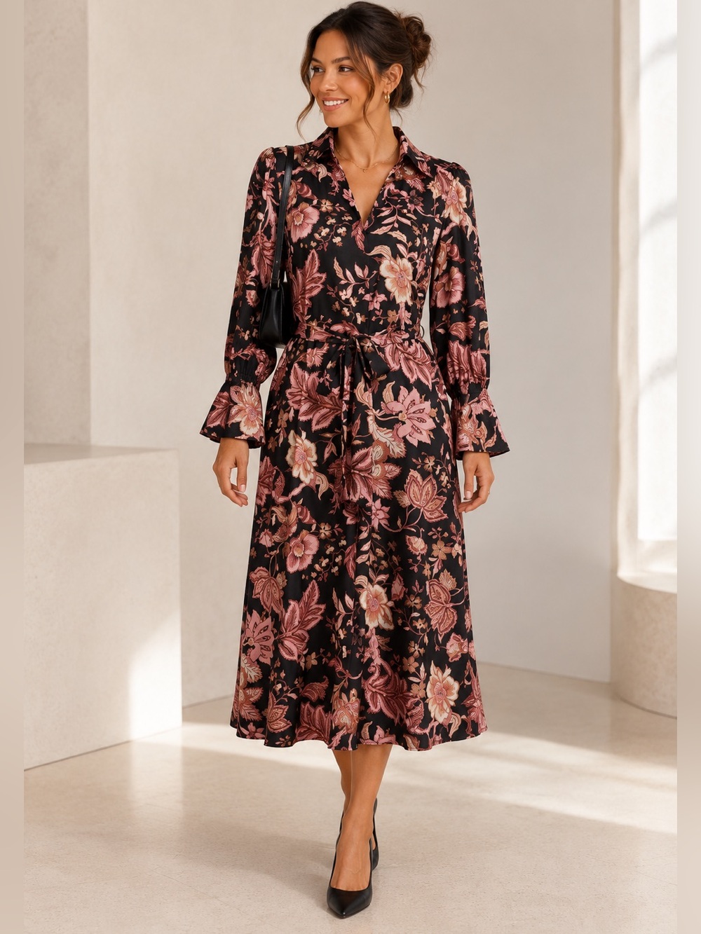 Julia Jordan Floral Satin Midi Shirtdress Size 6 Bell Sleeve Tie Waist